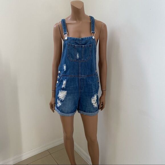 Mango Medium Wash Blue Denim Distressed Overalls M - Picture 3 of 10